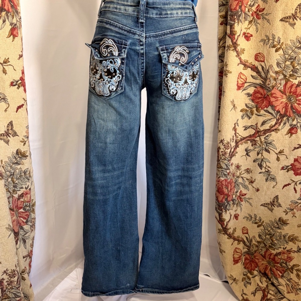 Telepatía Y2k cyber Blue Wide Leg Jeans Embroidered Rhinestone design on Pockets